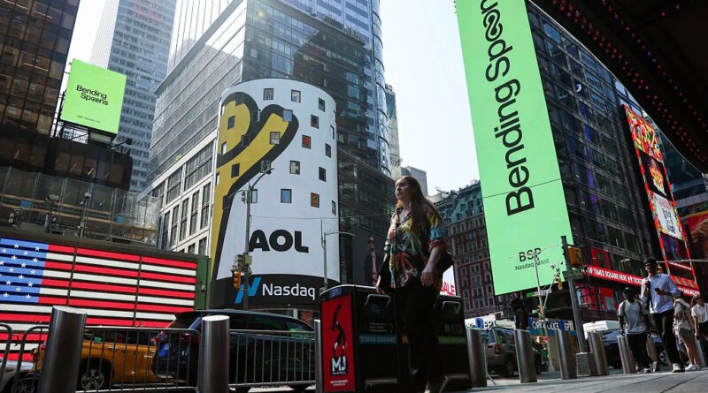 Bending Spoons signage during the company's initial public offering (IPO) at the Nasdaq MarketSite in New York, US, on Wednesday, July 1, 2026. Bending Spoons applies a private equity playbook to software, buying up mostly fledgling subscription-based apps, slashing headcount and handing operations to its roster of Italian engineers. Photographer: Michael Nagle/Bloomberg via Getty Images