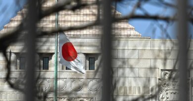 a Japanese flag fluttering in the wind in the distance in front of a building in Tokyo