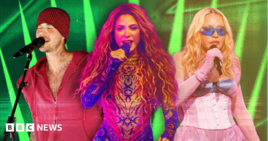 Picture of Justin Bieber in a red outfit singing into a microphone, Shakira in an embellished bodysuit singing into a microphone and Madonna in a pink corset singing into a microphone set against a green background.