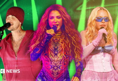 Picture of Justin Bieber in a red outfit singing into a microphone, Shakira in an embellished bodysuit singing into a microphone and Madonna in a pink corset singing into a microphone set against a green background.
