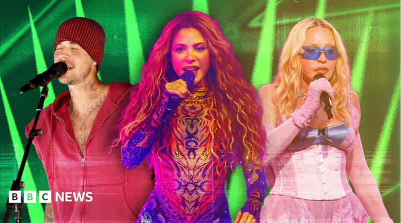Picture of Justin Bieber in a red outfit singing into a microphone, Shakira in an embellished bodysuit singing into a microphone and Madonna in a pink corset singing into a microphone set against a green background.