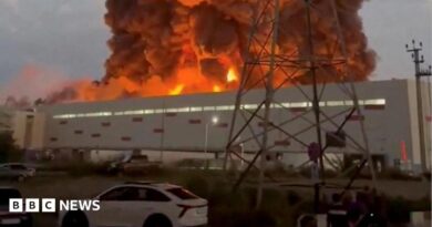 Smoke rises from a Wildberries warehouse on fire after an attack in Nevinnomyssk, Russia, July 22, 2026