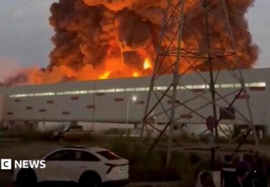 Smoke rises from a Wildberries warehouse on fire after an attack in Nevinnomyssk, Russia, July 22, 2026