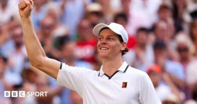 Jannik Sinner celebrates his victory over Novak Djokovic on Centre Court