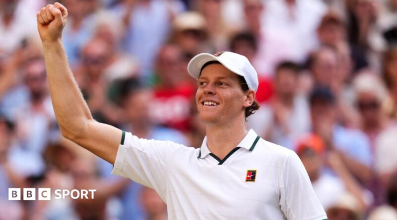 Jannik Sinner celebrates his victory over Novak Djokovic on Centre Court