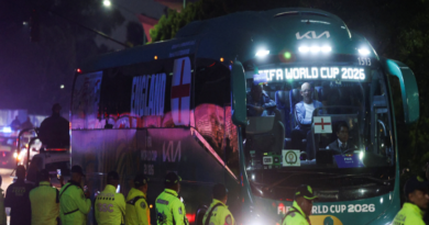 near the England team's hotel before their arrival for their World Cup last-16 game with Mexico in Mexico City 
