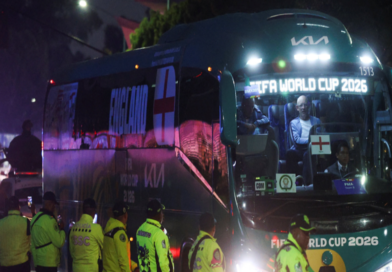 near the England team's hotel before their arrival for their World Cup last-16 game with Mexico in Mexico City 