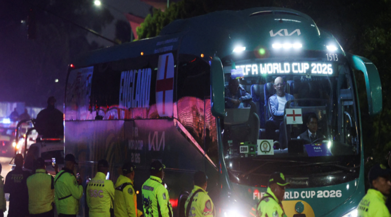 near the England team's hotel before their arrival for their World Cup last-16 game with Mexico in Mexico City