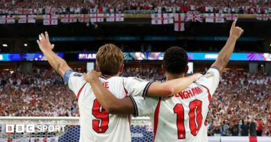 Jude Bellingham and Harry Kane of England salute the fans after the 2-1 victory over Norway