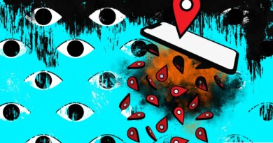 eyes on a blue background with a phone featured prominently with location markers falling out of it, suggestive of a leak