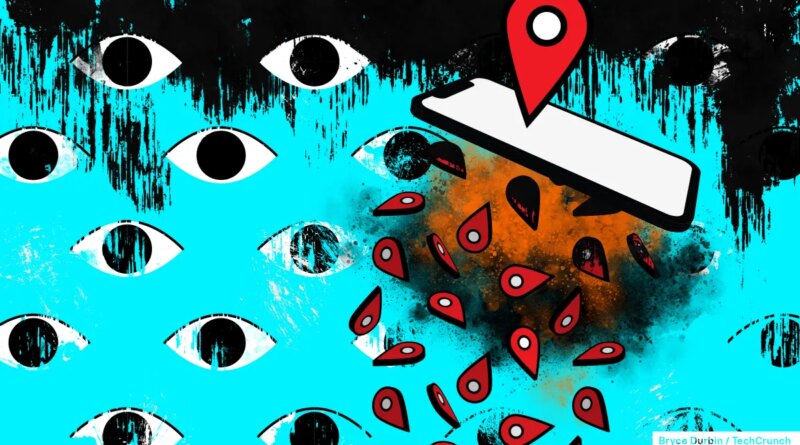 eyes on a blue background with a phone featured prominently with location markers falling out of it, suggestive of a leak