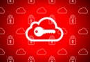 An illustration of a key over a cloud icon, background of cloud and lock icons.