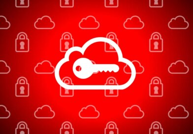 An illustration of a key over a cloud icon, background of cloud and lock icons.