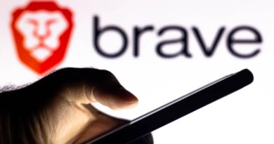 In this photo illustration, a hand of a person holds a smartphone with a Brave Browser logo displayed in the background.