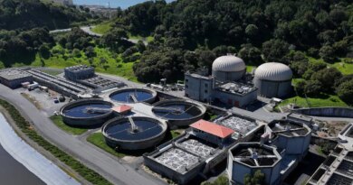 In an aerial view, pools of water are visible at Central Marin Sanitation Agency wastewater treatment plant in San Rafael, California.