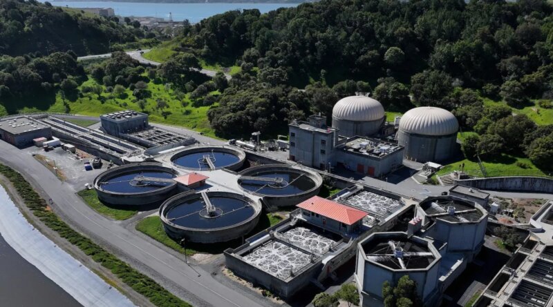 In an aerial view, pools of water are visible at Central Marin Sanitation Agency wastewater treatment plant in San Rafael, California.