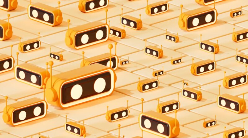 A digitally generated image showing several AI chatbot assistants standing on a segmented or sliced floor surface, symbolizing the distributed and modular nature of artificial intelligence systems. This futuristic and conceptual design reflects the scalability, communication, and parallel functionality of AI-powered virtual assistants.