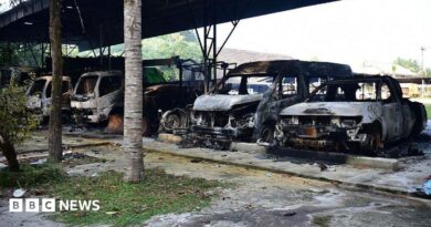Five burned out vehicles are lined up under a tin roof structure