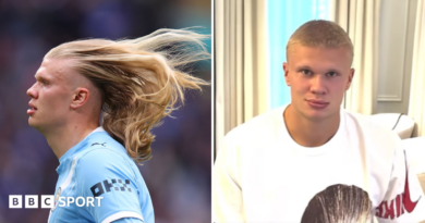 Composite of Erling Haaland with long hair next to a more recent image of his shorter buzz cut haircut