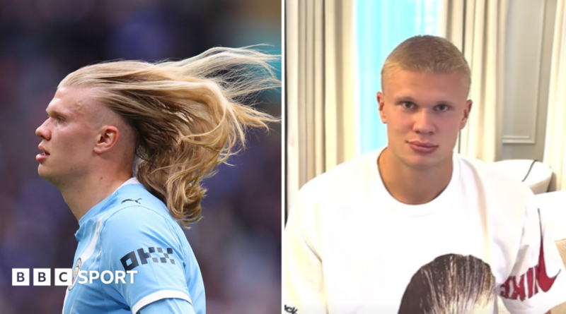 Composite of Erling Haaland with long hair next to a more recent image of his shorter buzz cut haircut