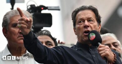 Imran Khan wearing a black button-up shirt and speaking into a microphone, points dramatically. Behind him are other men, and a television camera