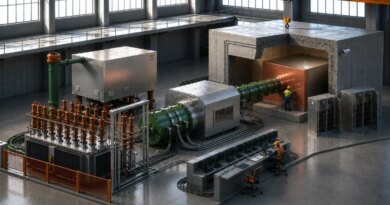An illustration shows scientists at work on a fusion power device.