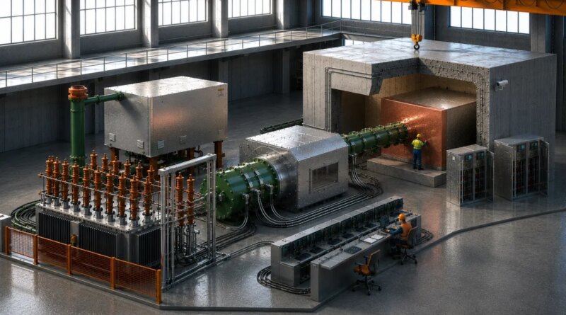 An illustration shows scientists at work on a fusion power device.