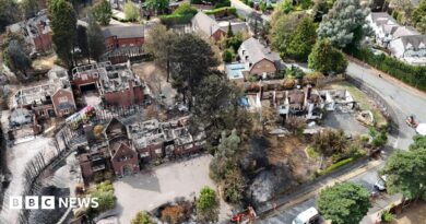 An aerial image taken with a drone of fire damaged properties in Stourbridge, showing burned out homes.