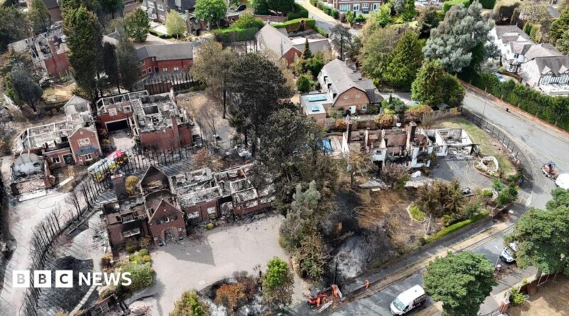 An aerial image taken with a drone of fire damaged properties in Stourbridge, showing burned out homes.