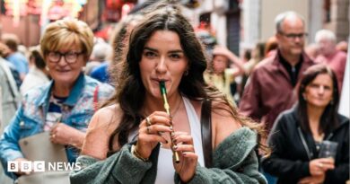 A woman with long brown hair, playing a tin whistle. There is a crowd of people behind her.