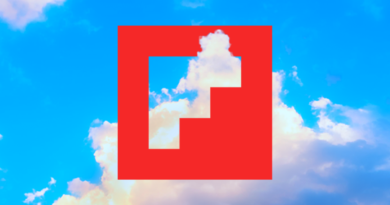 Flipboard logo over blue sky with clouds