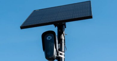 Flock license plate reader and camera with solar panel against a blue sky, Pleasant Hill, California, April 16, 2026.