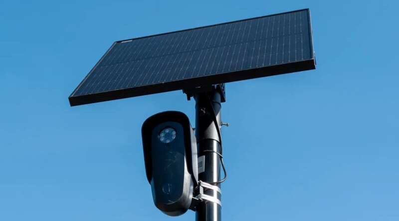 Flock license plate reader and camera with solar panel against a blue sky, Pleasant Hill, California, April 16, 2026.