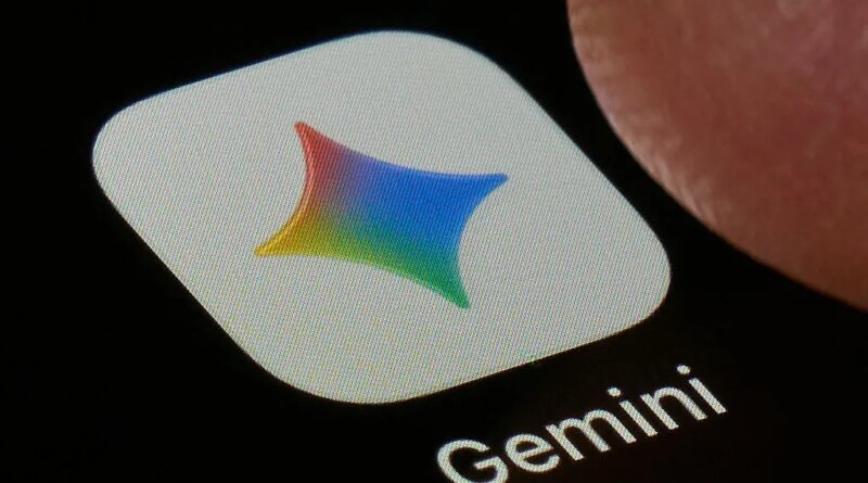 A macro close-up photograph shows the Google Gemini AI app icon