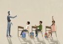 AI robot teaching schoolchildren at desks in classroom