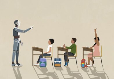 AI robot teaching schoolchildren at desks in classroom