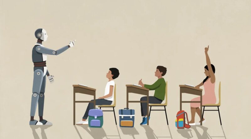 AI robot teaching schoolchildren at desks in classroom