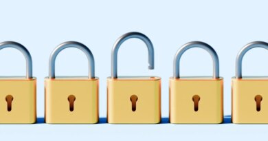 Conceptual stock image depicting a linear row of identical padlocks, all securely locked except for one that is open.