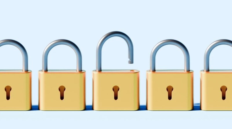 Conceptual stock image depicting a linear row of identical padlocks, all securely locked except for one that is open.