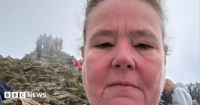 Helen has a neutral expression as she takes a selfie overlooking the summit of Yr Wyddfa
