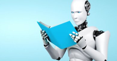 3D illustration of robot humanoid reading book in concept of future artificial intelligence and 4th fourth industrial revolution . (3D illustration of robot humanoid reading book in concept of future artificial intelligence and 4th fourth industrial r