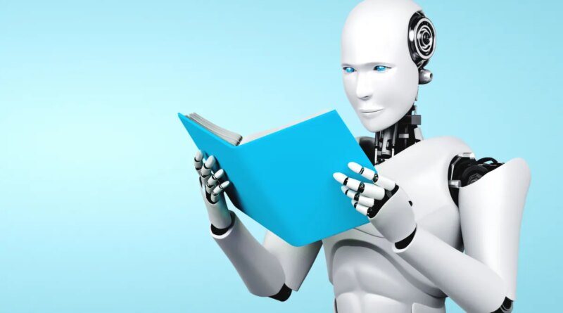 3D illustration of robot humanoid reading book in concept of future artificial intelligence and 4th fourth industrial revolution . (3D illustration of robot humanoid reading book in concept of future artificial intelligence and 4th fourth industrial r