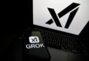 The Grok logo appears on a phone and the xAI logo is displayed on a laptop.