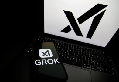 The Grok logo appears on a phone and the xAI logo is displayed on a laptop.
