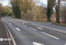 An A road, with road markings pointing straight ahead and right. Bare trees line the road on either side side