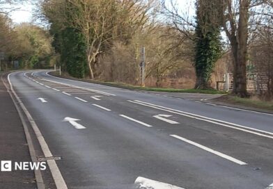 An A road, with road markings pointing straight ahead and right. Bare trees line the road on either side side