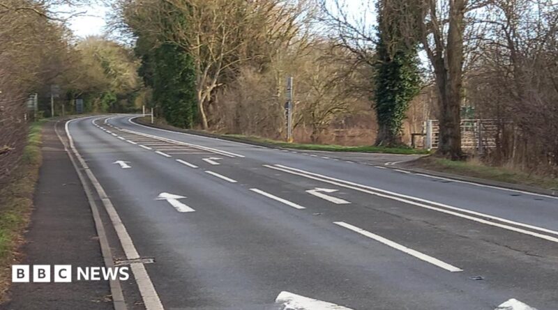 An A road, with road markings pointing straight ahead and right. Bare trees line the road on either side side