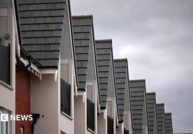 The tops of new build houses standing in a  row