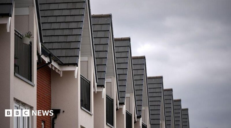 The tops of new build houses standing in a  row
