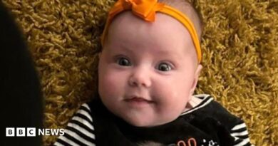Dahlia-Rose Gartshore, a three-month-old baby girl looking at the camera, with a slight smile. She has an orange band on her head with a bow.